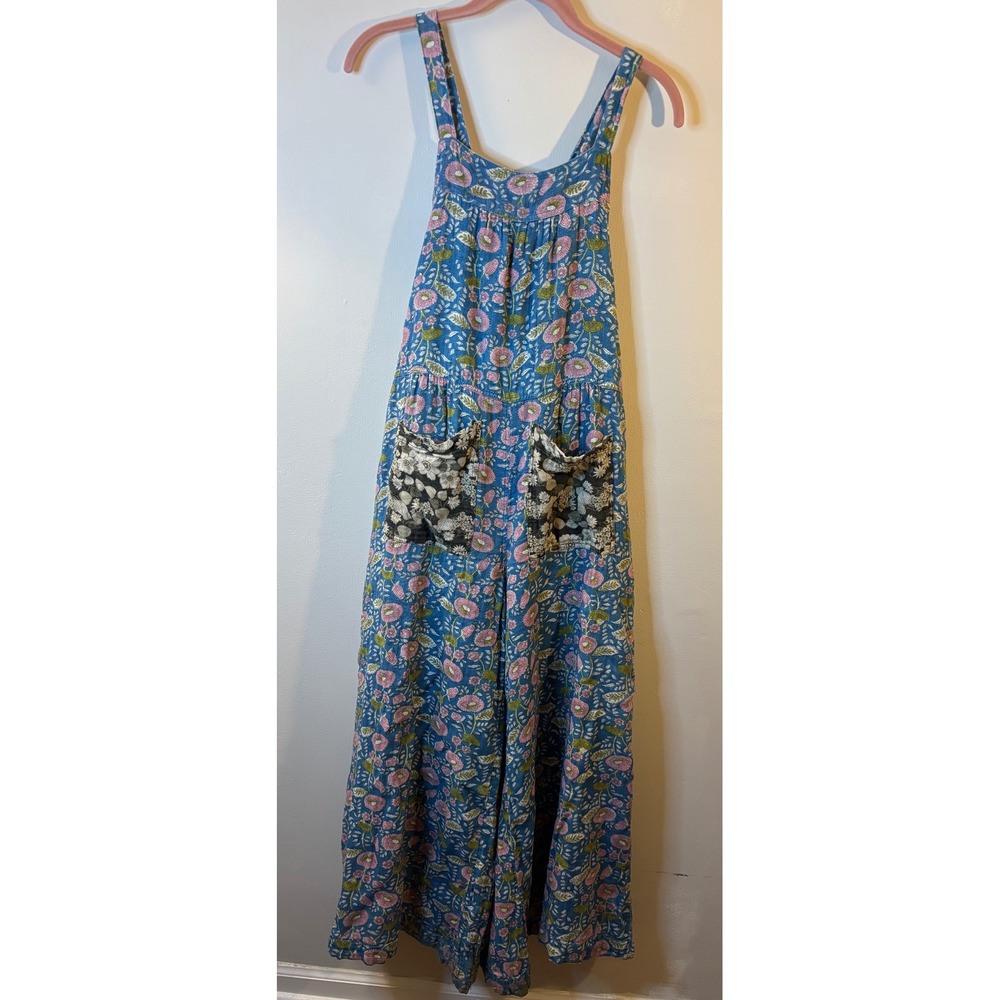 NATURAL LIFE Blue Floral Cotton Wide Leg Overalls XS Block Print Boho